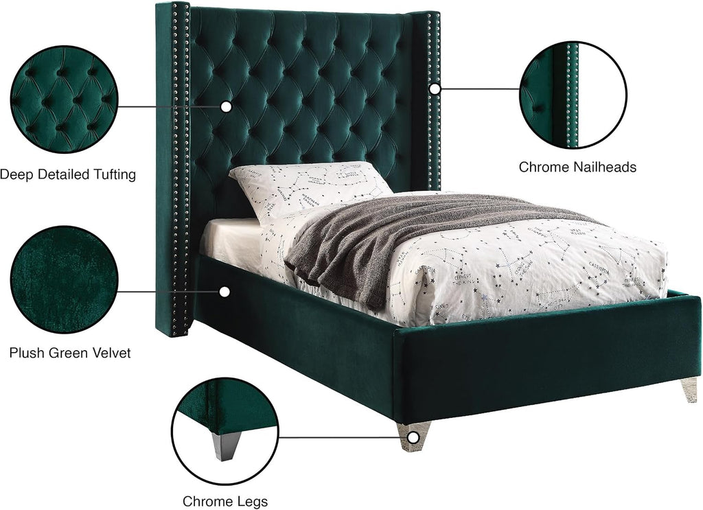 Meridian Furniture Aiden Collection Modern | Contemporary Velvet Upholstered Bed with Deep Button Tufting, Solid Wood Frame, and Custom Chrome Legs, Twin, Green