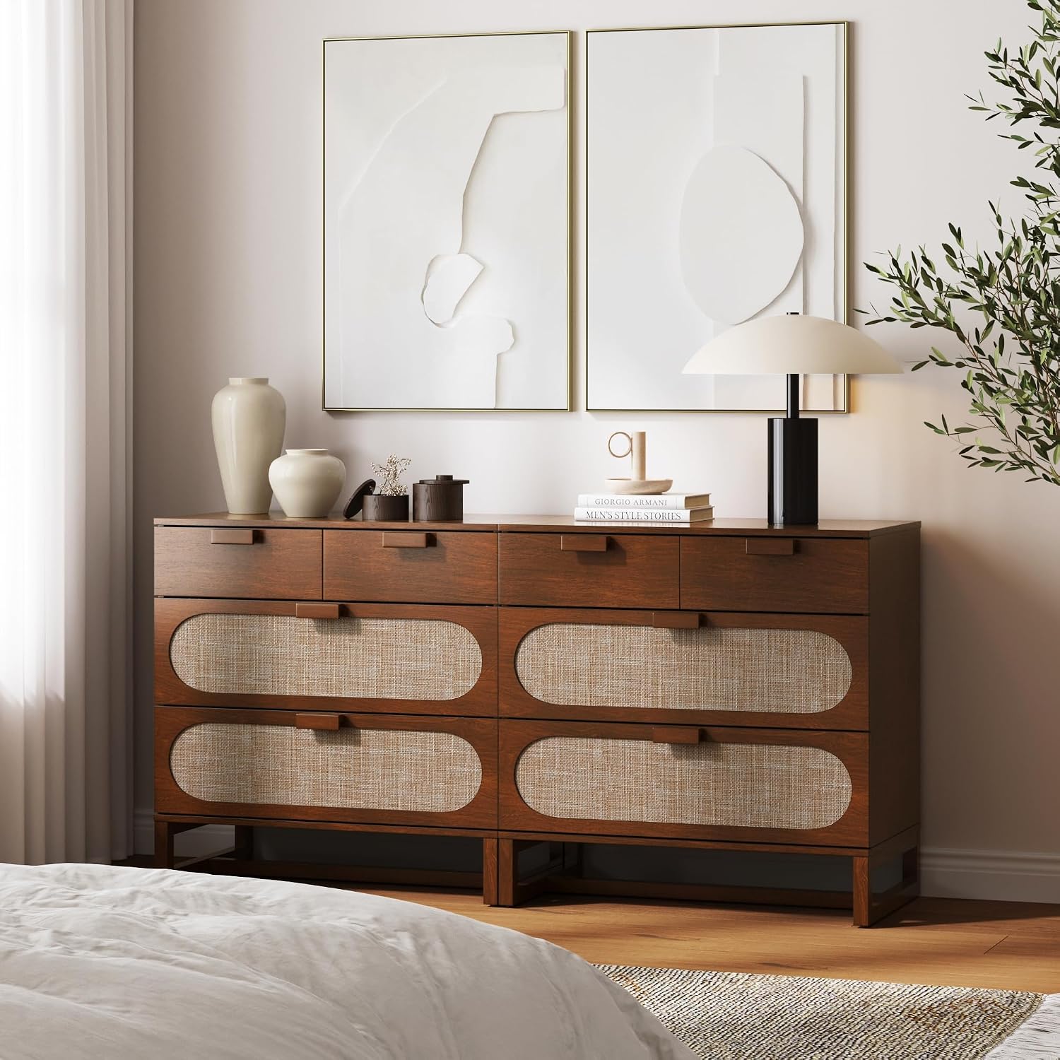 Nathan James Paxton Mid-Century Modern Dresser for Bedroom, 3-Drawer Dresser with Solid Wood Frame and Textilene Rattan Accent, Dark Walnut, Set of 2