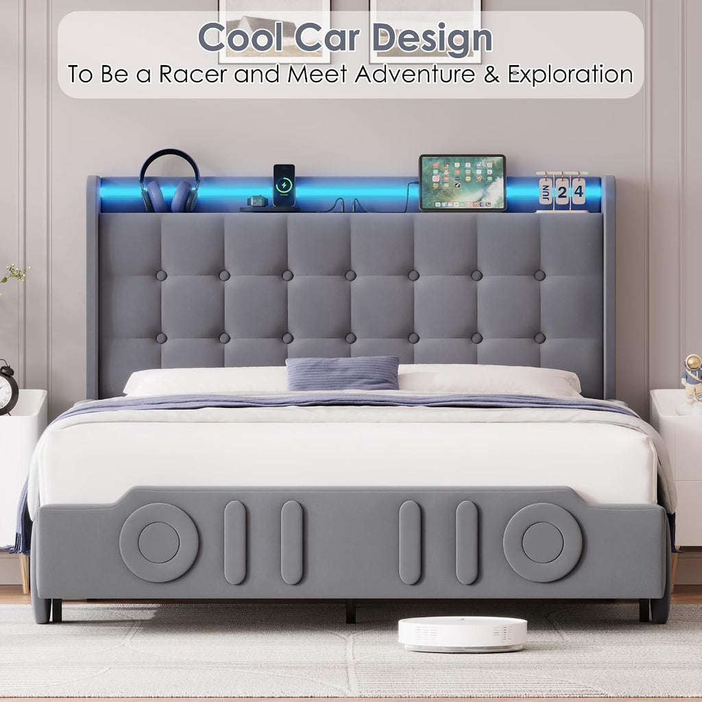 Keyluv Full Car Bed Frame with LED Lights and Charging Station, Upholstered Platform Bed with Button Tufted Headboard and Wheels, No Box Spring Needed, Noise-Free, Easy Assembly, Velvet Grey