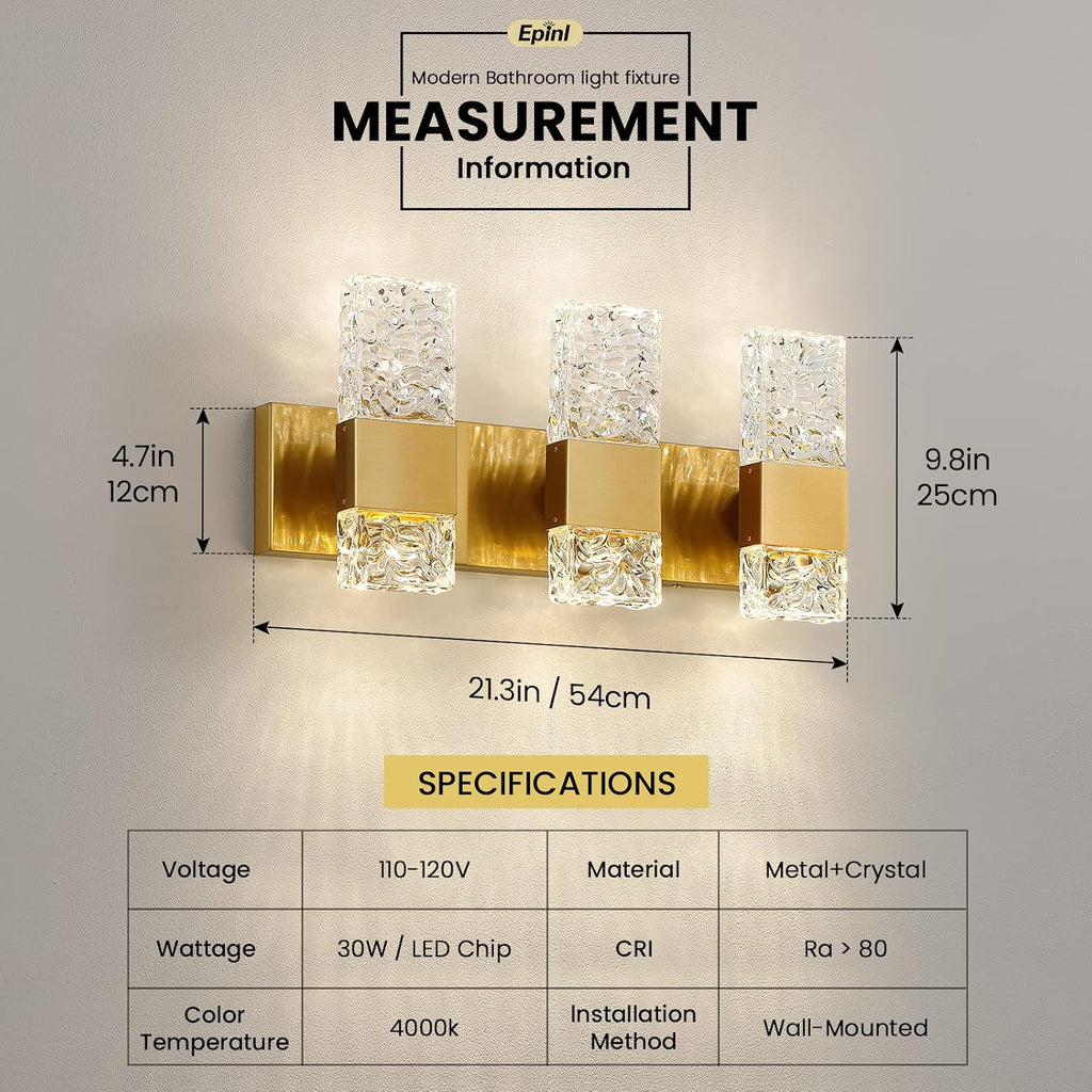 Epinl Gold Bathroom Vanity Light Fixtures Bathroom Light Fixtures Over Mirror 3-Light 4000K LED Crystal Wall Sconces Modern 30W Brushed Hardwired Wall Lights for Bathroom Bedroom Living Room