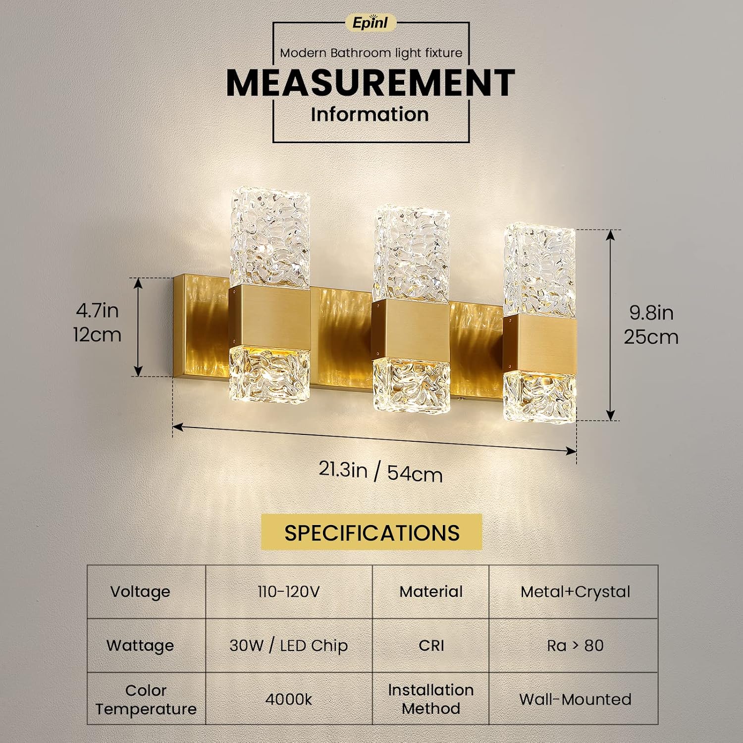 Epinl Gold Bathroom Vanity Light Fixtures Bathroom Light Fixtures Over Mirror 3-Light 4000K LED Crystal Wall Sconces Modern 30W Brushed Hardwired Wall Lights for Bathroom Bedroom Living Room