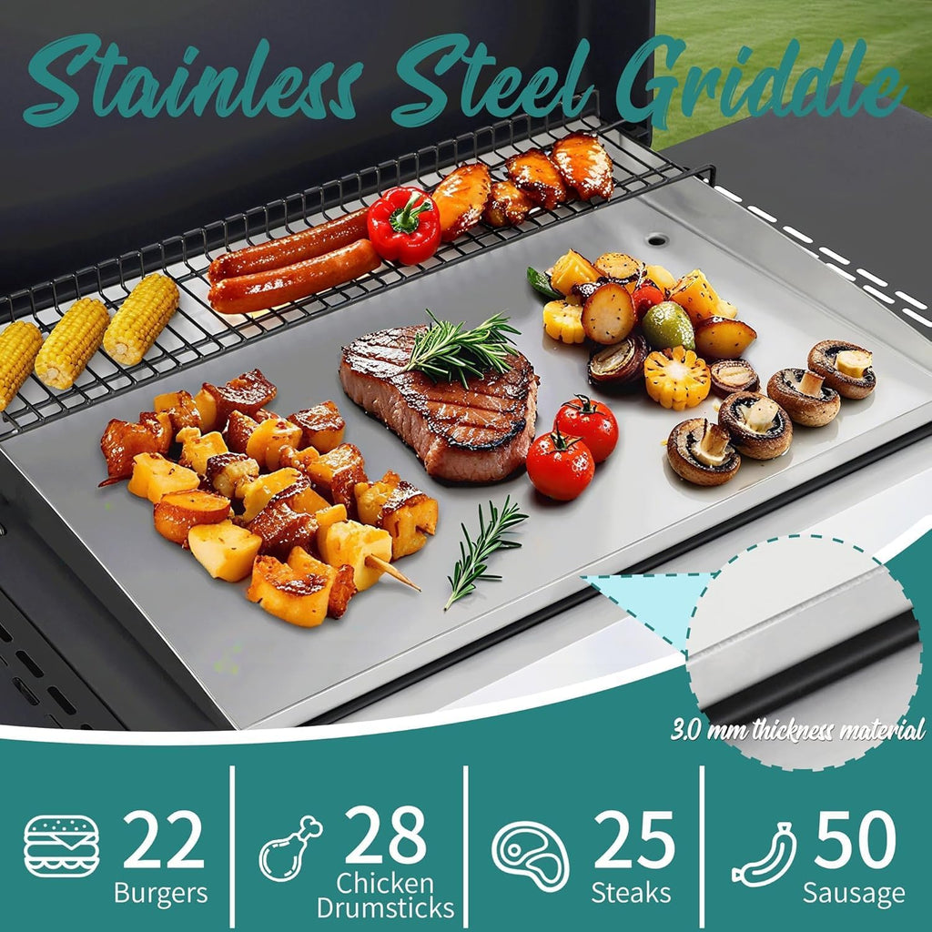 4-Burner Propane Gas Grill Griddle Combo – 40,000 BTU BBQ Grill with Lid, Stainless Steel Plancha & Cast Iron Cooking Grids, Foldable Side Tables – Outdoor Backyard