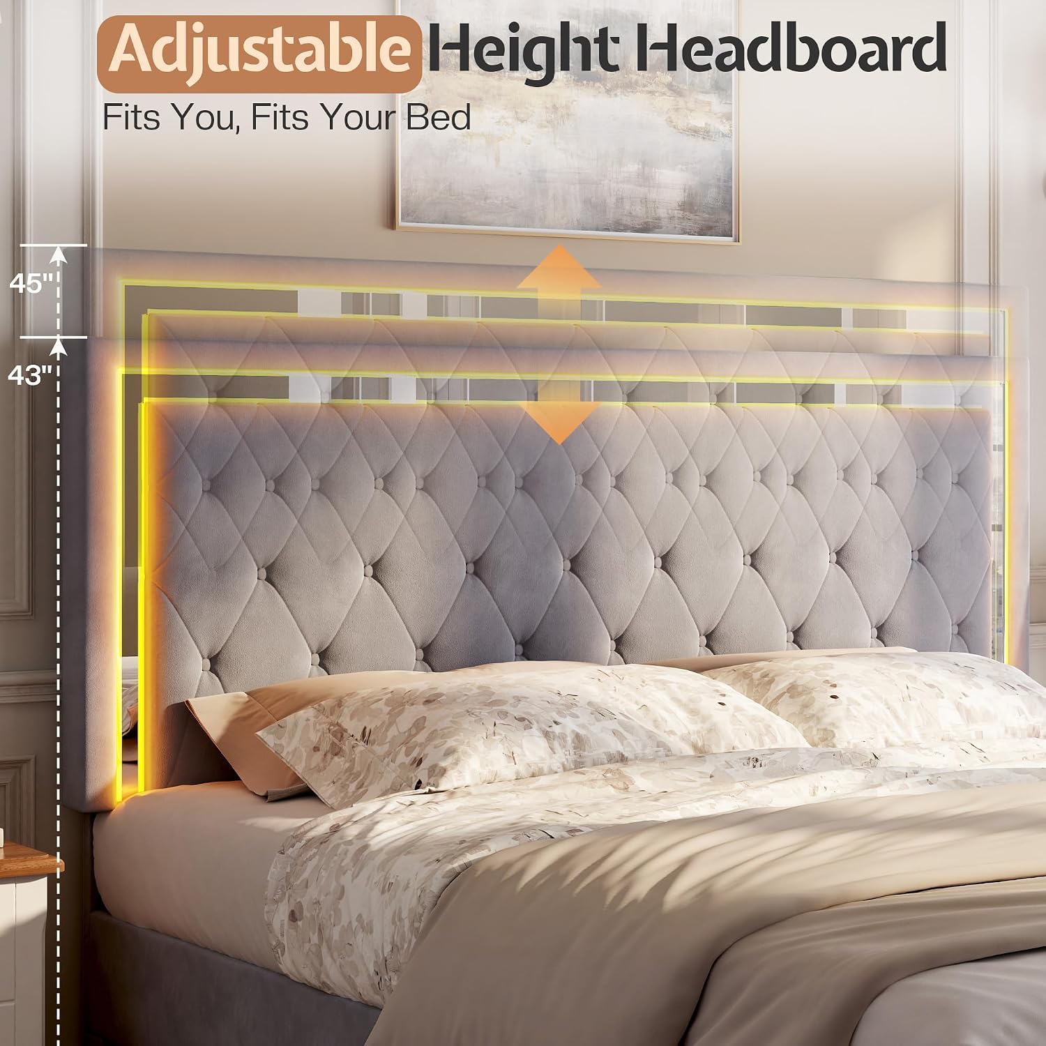 Jocisland Queen Bed Frame with LED Lights Headboard&Footboard, Velvet Upholstered Queen Size Platform Bed Frame No Box Spring Needed/Light Grey