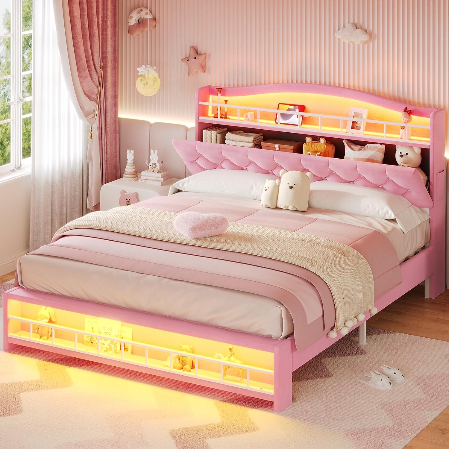 BTHFST Full Szie Girls Bed with LED Lights & Charging Station, Princess Full Size Bed Frame with Hidden Storage Headborad, Sturdy Platform Bed, No Box Spring Needed/Noise-Free/Easy Assembly, Pink