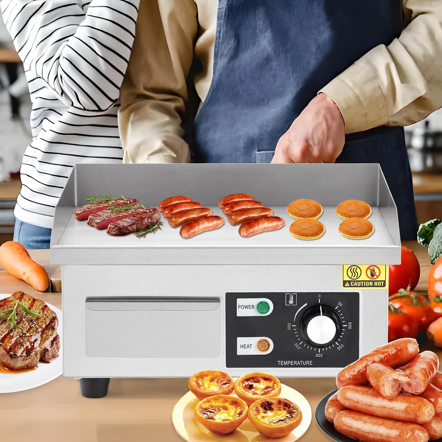 14' Commercial Electric Griddle, Stainless Steel Countertop Griddle, Electric Flat Top Grill With Shovel Brush, Restaurant Teppanyaki Grill Cooking Equipment, Temperature Control 50°C - 300°C