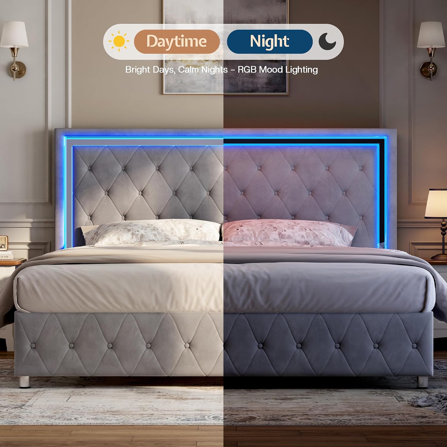 Jocisland Queen Bed Frame with LED Lights Headboard&Footboard, Velvet Upholstered Queen Size Platform Bed Frame No Box Spring Needed/Light Grey