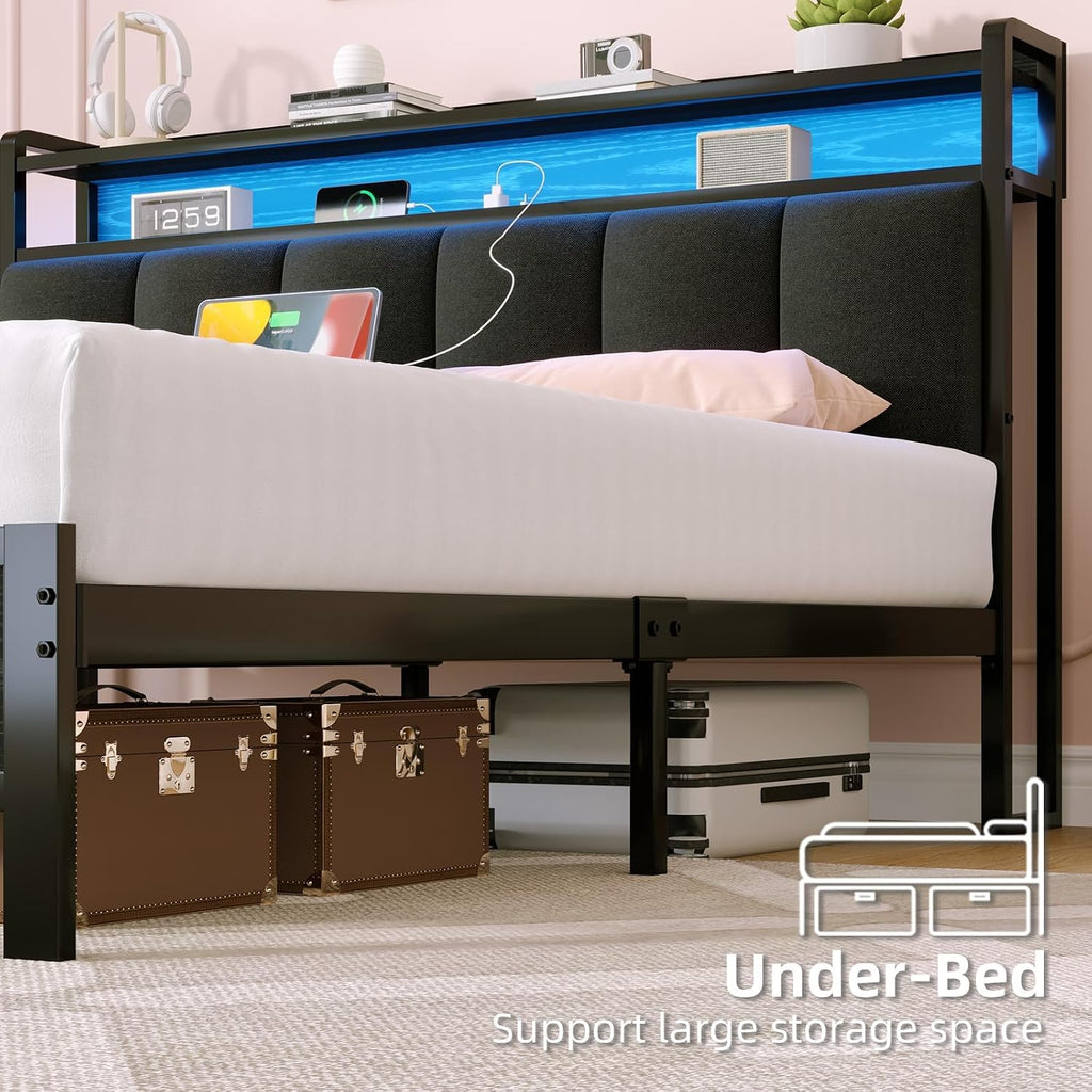 IMMERSTABLE Queen Bed Frame with LED Lights and Charging Station, Upholstered Storage Headboard, Queen Metal Platform Bed Frame with Metal Slats, No Box Spring Needed, Easy Assembly, Dark Grey