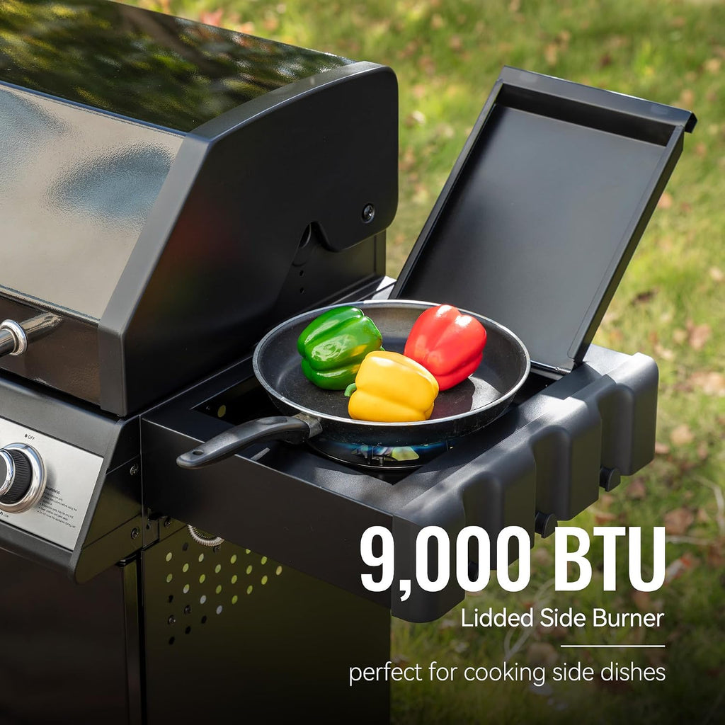 SG5003H 4-Burner Gas Grill with Lidded Side Burner, Cabinet Style Propane Gas Grill, 49,000 BTU Output for Outdoor Patio Garden Picnic Backyard Cooking, Black