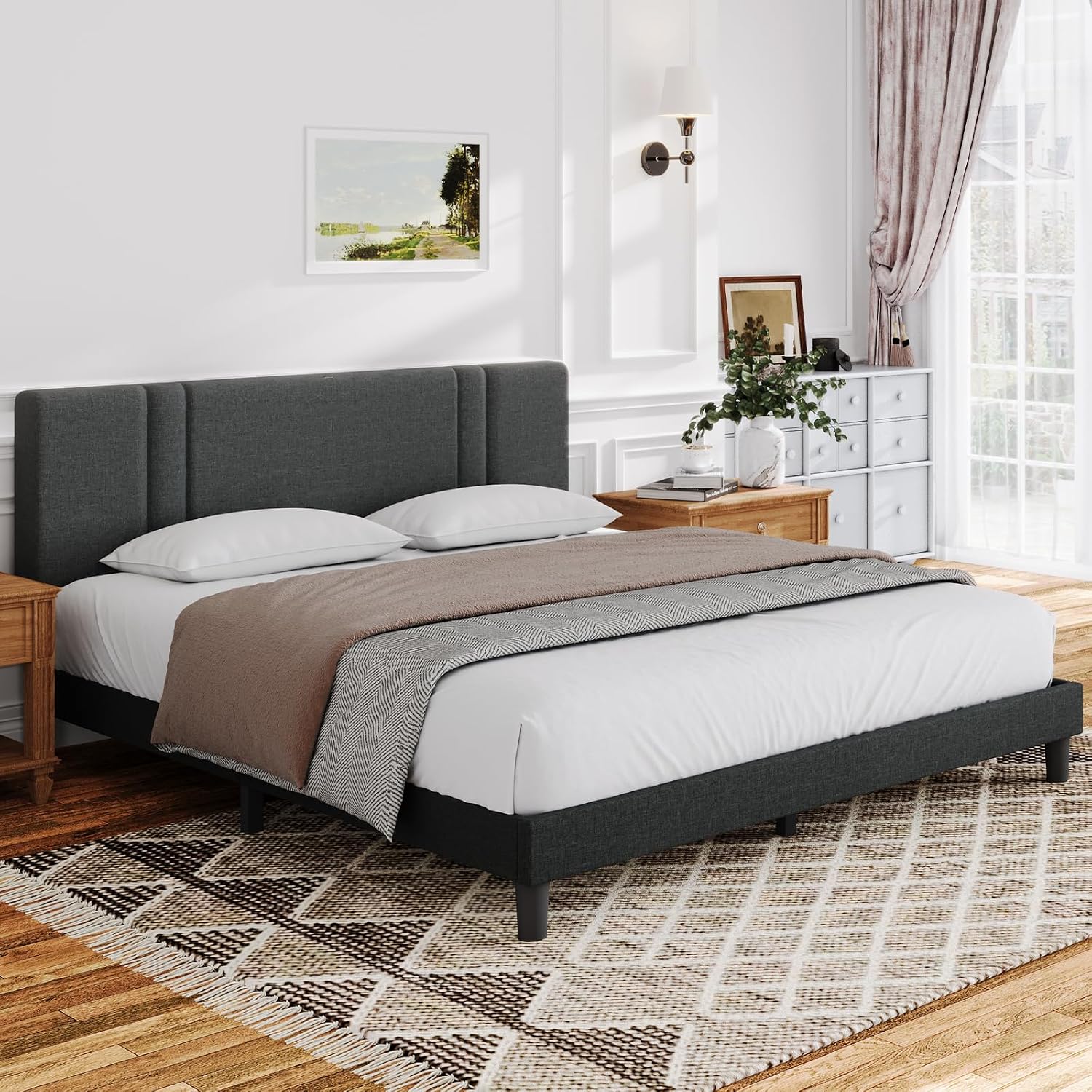 Novilla Full Size Bed Frame with Adjustable Headboard Platform Full Bed Frame with Linen Fabric Upholstered Headboard, No Box Spring Needed, Wooden Slats Support, Easy Assembly, Dark Grey