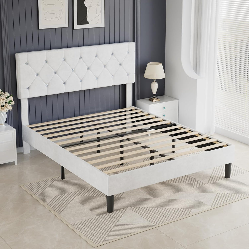 VECELO Queen Size Bed Frame with Diamond Tufted Headboard, Upholstered Platform Bedframe with Wood Slat Support, No Box Spring Needed, Velvet & White