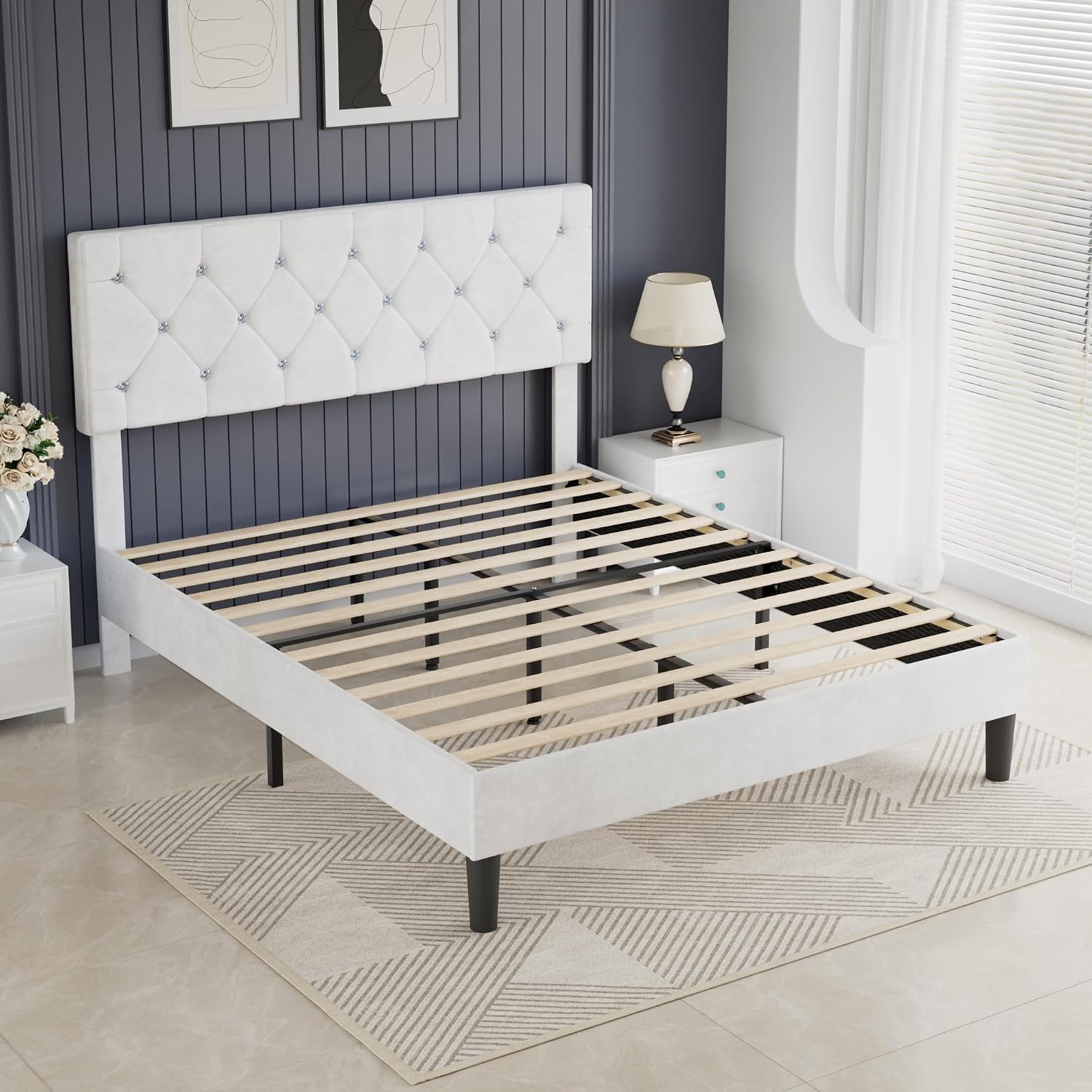 VECELO Queen Size Bed Frame with Diamond Tufted Headboard, Upholstered Platform Bedframe with Wood Slat Support, No Box Spring Needed, Velvet & White