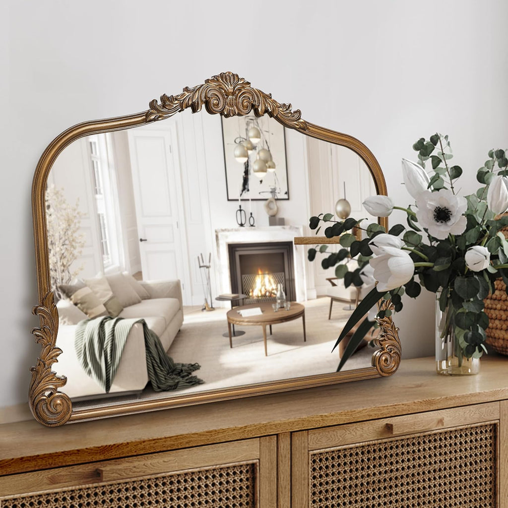 Wylde Iris English Estate Carved Arch Wood Wall Mirror, Mirror for Entryway, Living Room, Bathroom, Antique Gold, 26x37