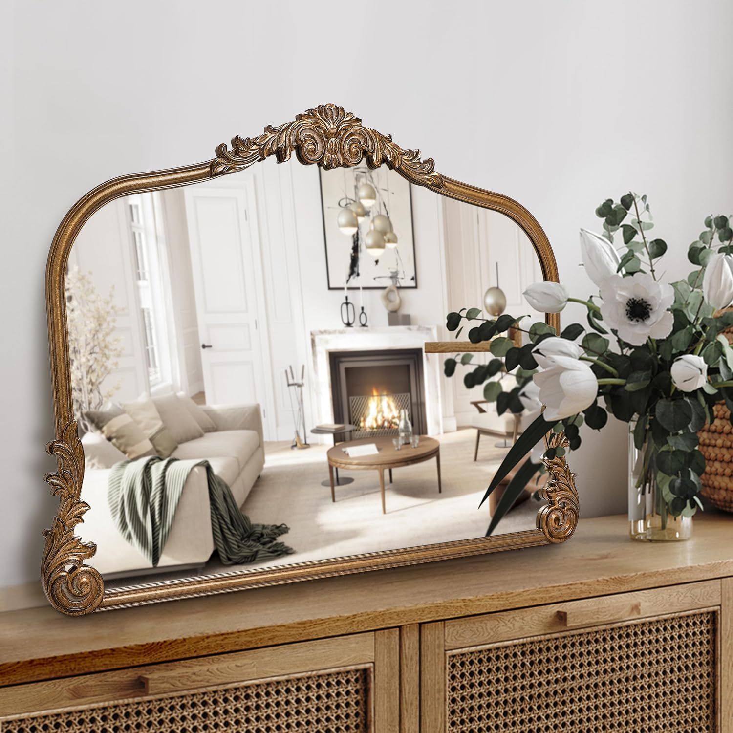 Wylde Iris English Estate Carved Arch Wood Wall Mirror, Mirror for Entryway, Living Room, Bathroom, Antique Gold, 26x37