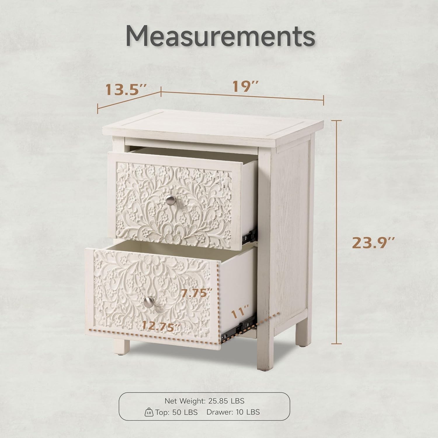 COZAYH Set of 2 Farmhouse Fully-Assembled Nightstand with 2-Drawer, Flower Motif End Table for Small Spaces, French Country, Modern, Distressed Finish, White-Washed
