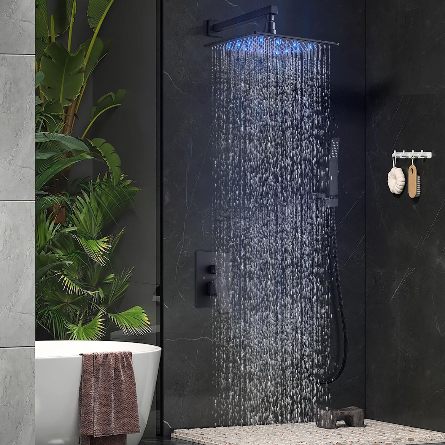 Aolemi Shower Faucet Set with Handheld Spray High Pressure Shower System Shower Faucets Sets Complete Rough-in Valve and Shower Trim Kit Wall Mount Rainfall 12 Inch LED Shower Head Matte Black