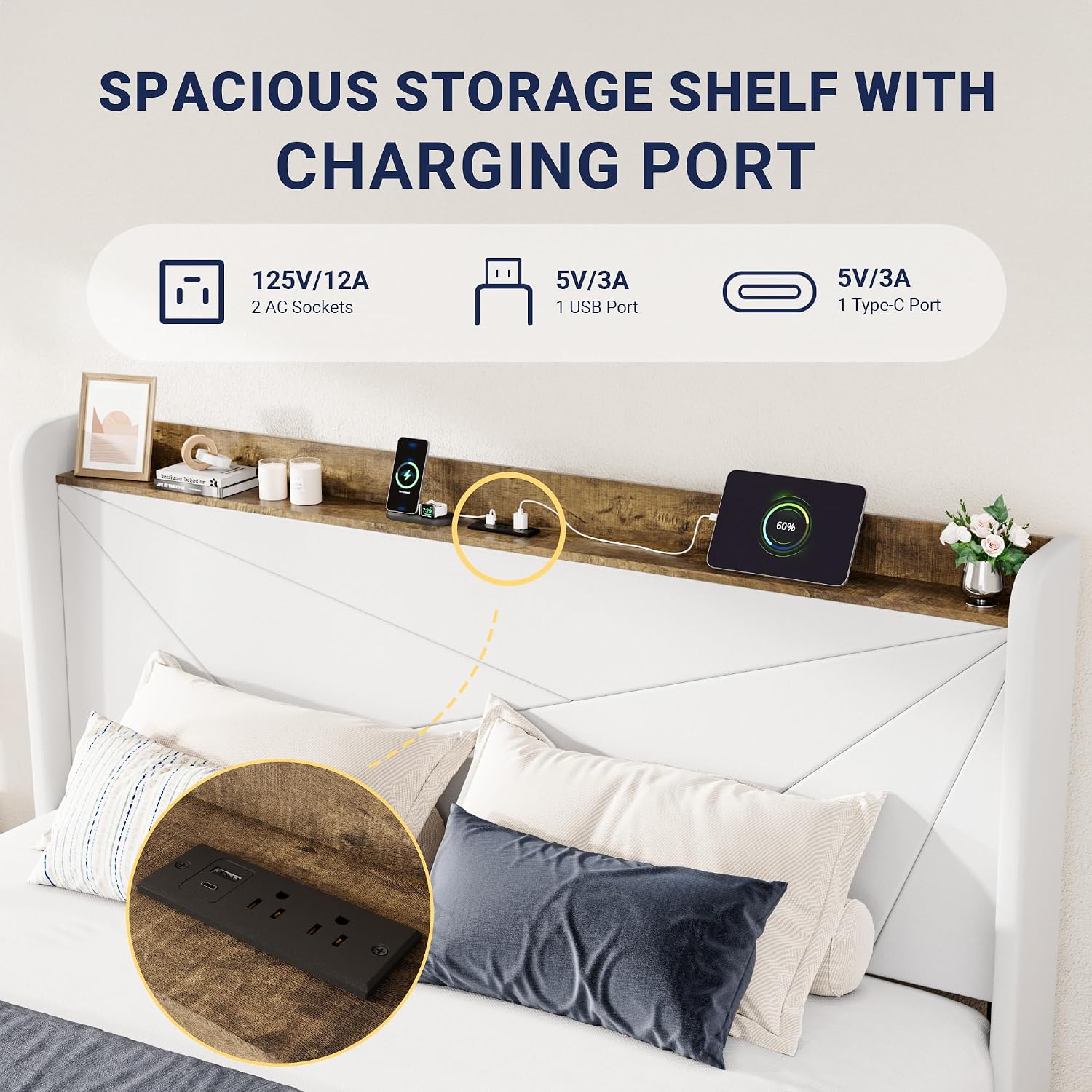 Allewie King Size Velvet Bed Frame with 3 Storage Drawers, Upholstered Platform Bed with Wingback Storage Headboard and USB Ports, No Box Spring Needed, Easy Assembly, White