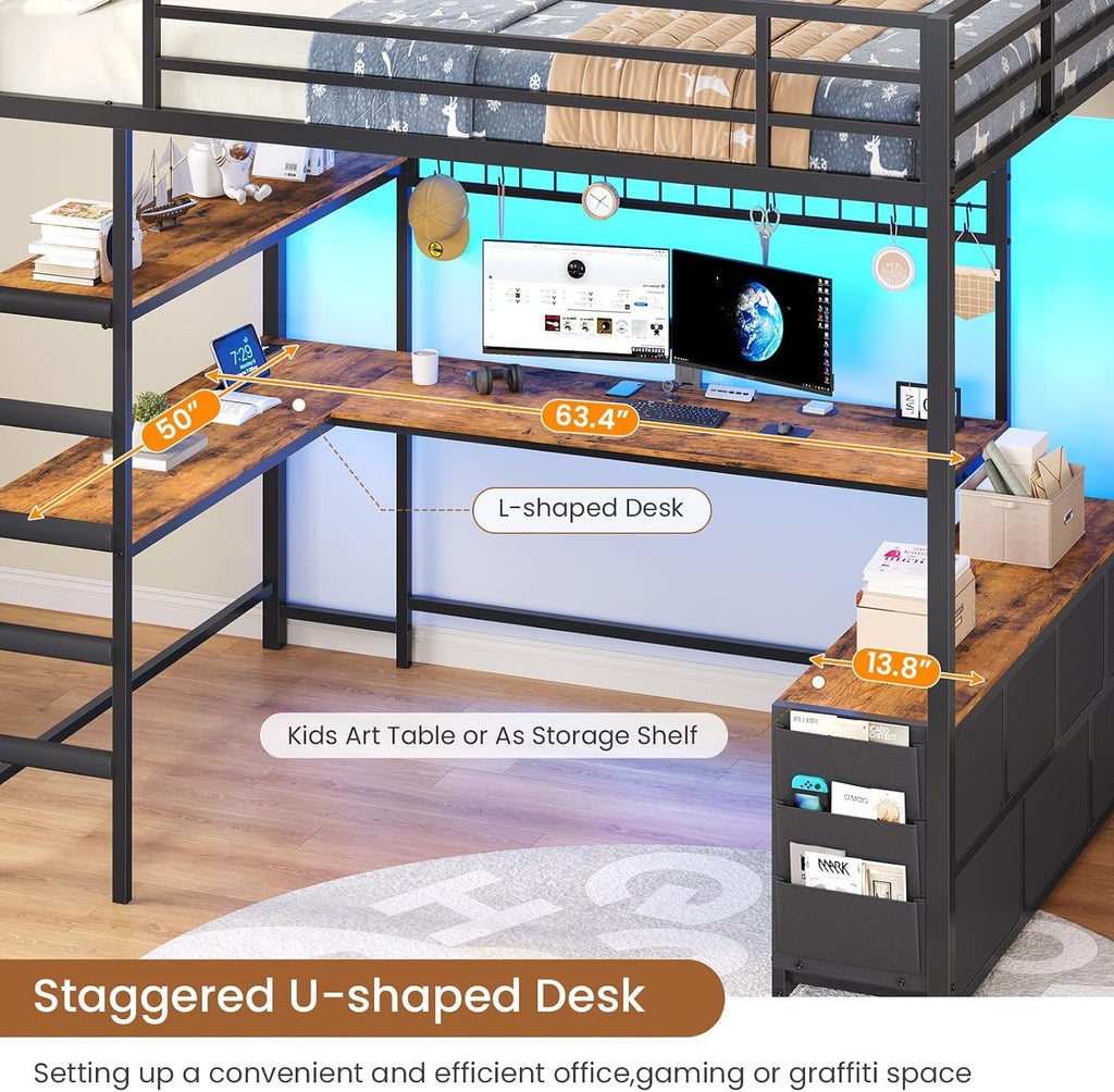 DICTAC Full Loft Bed with U-Shaped Desk,7 Storage Drawers and Charging Station,Metal Full Size Loft Bed with Led Lights and 2-Tier Storage Shelves,Teen loft Beds with Safety Guardrail & Stairs,Black