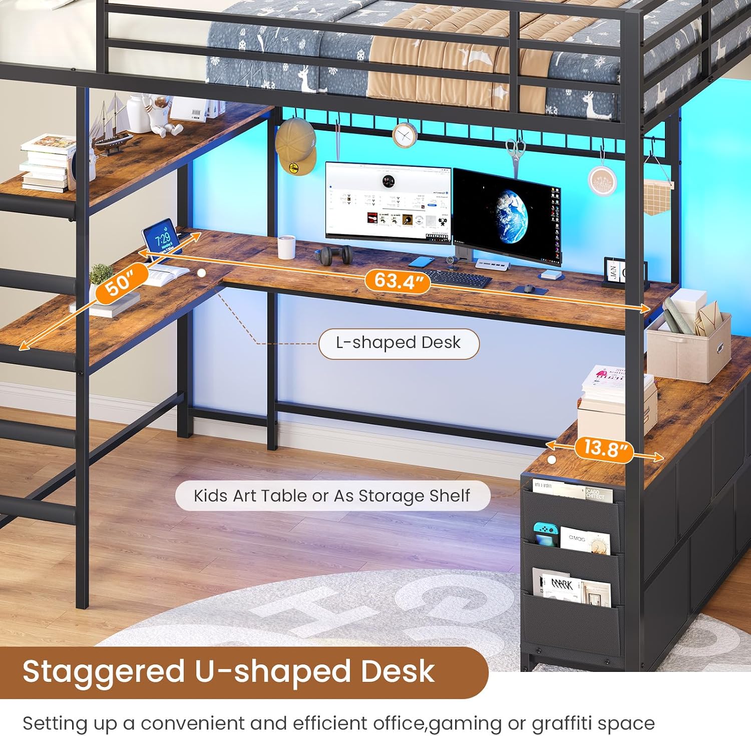 DICTAC Full Loft Bed with U-Shaped Desk,7 Storage Drawers and Charging Station,Metal Full Size Loft Bed with Led Lights and 2-Tier Storage Shelves,Teen loft Beds with Safety Guardrail & Stairs,Black