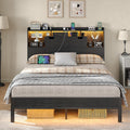 Queen Size Bed Frame with RGB LED Lights & Charging Station, Heavy-Duty Metal Platform Bed with Wood Storage Headboard for Teens & Adults, No Box Spring Needed, Noise-Free, Black