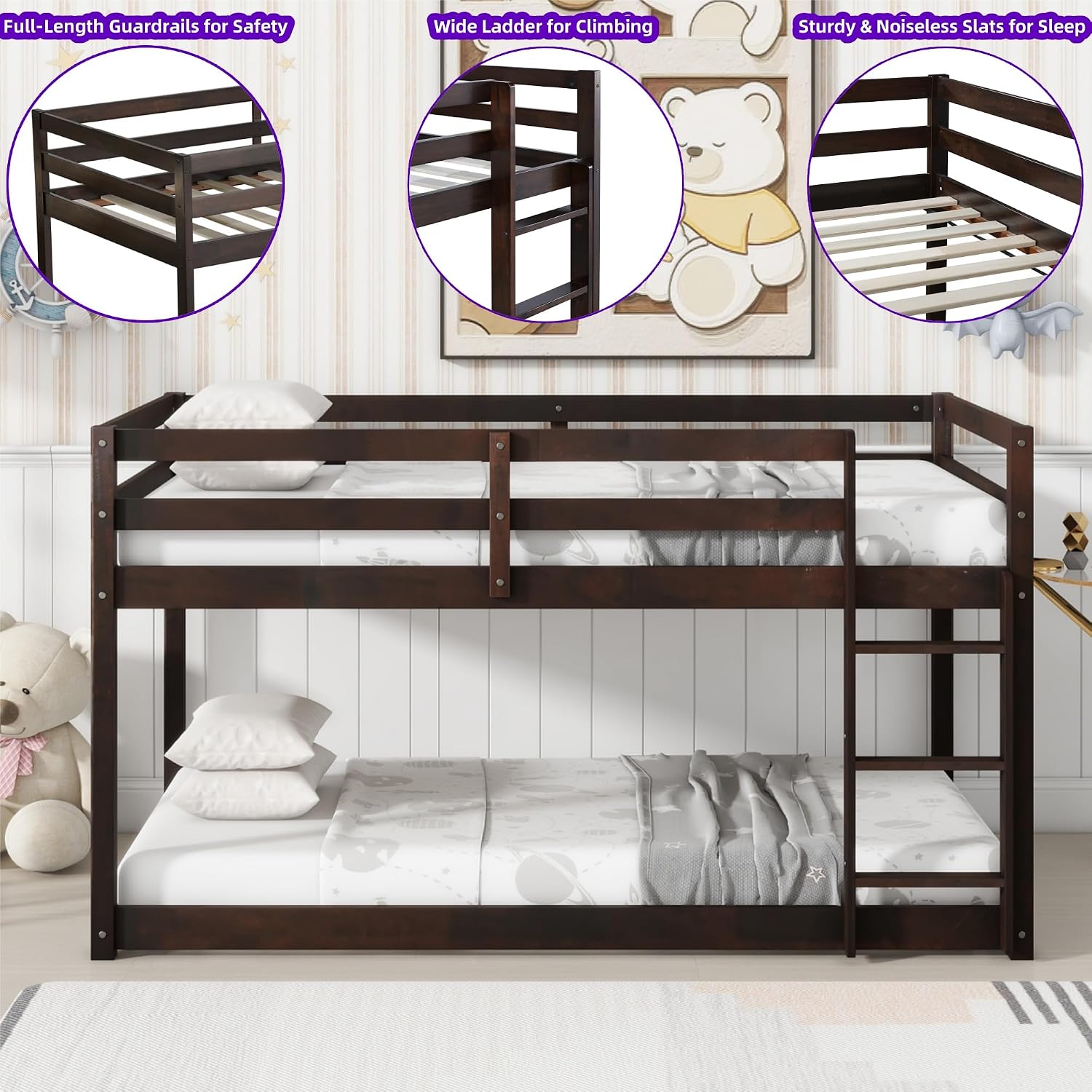 Bunk Bed Twin Over Twin, Floor Bunk Bed w Ladder, Safety Guard Rails, Heavy Duty Wooden Twin Bunk Beds Low Bunkbeds No Box Spring Required, Espresso