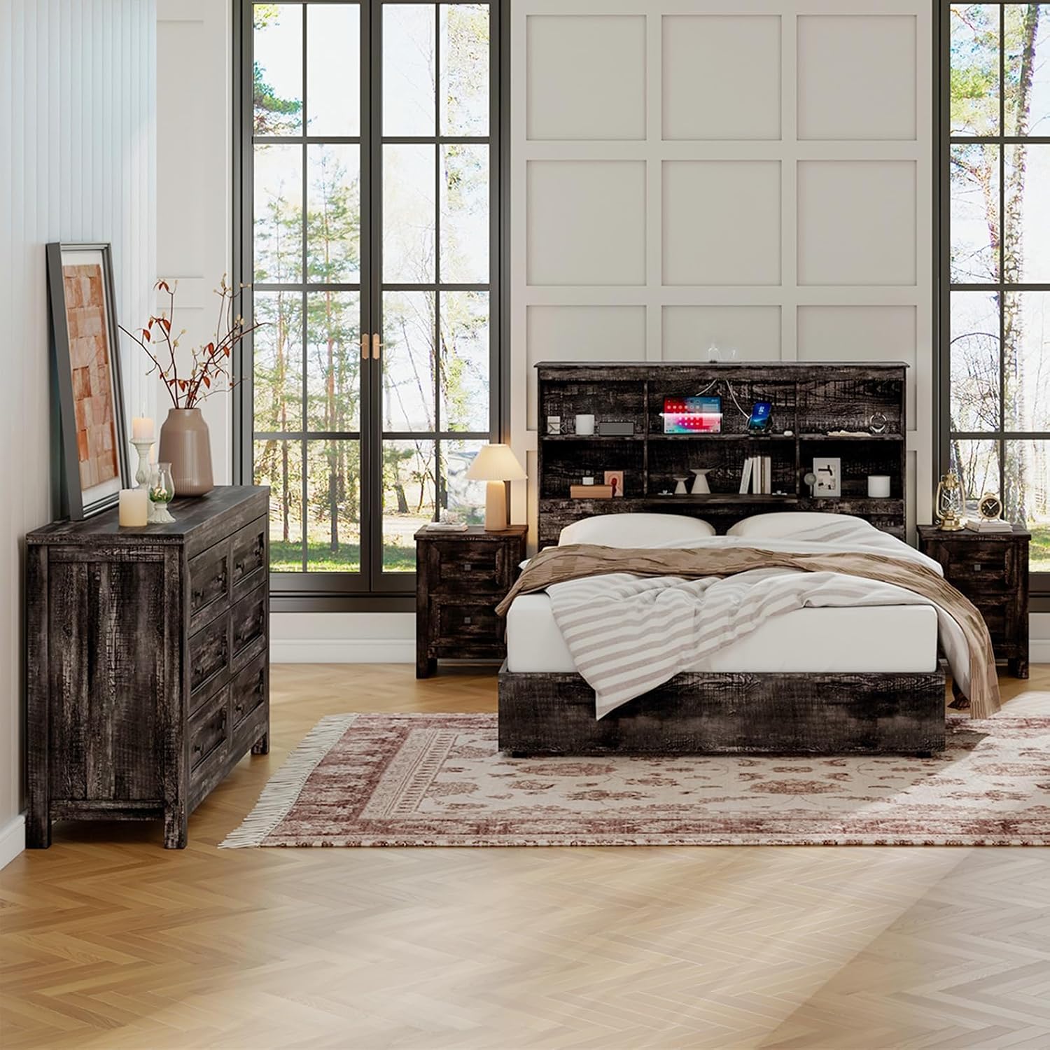 LUXOAK Bedroom Dresser and Nightstand 3 Piece Set, 1 X Rustic Wood 6 Drawer Dresser, 2 X Farmhouse Nightstand with Charging Station, Farmhouse Bedroom Furniture Set, Dark Oak