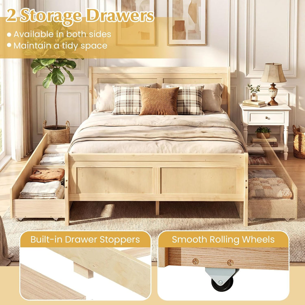 Giantex Full Bed Frame with 2 Storage Drawers, Wood Platform Bed with Headboard & Footboard, Wooden Slats Support Mattress Foundation, Sleigh Bedframe for Teens Adults, No Box Spring Needed (Natural)
