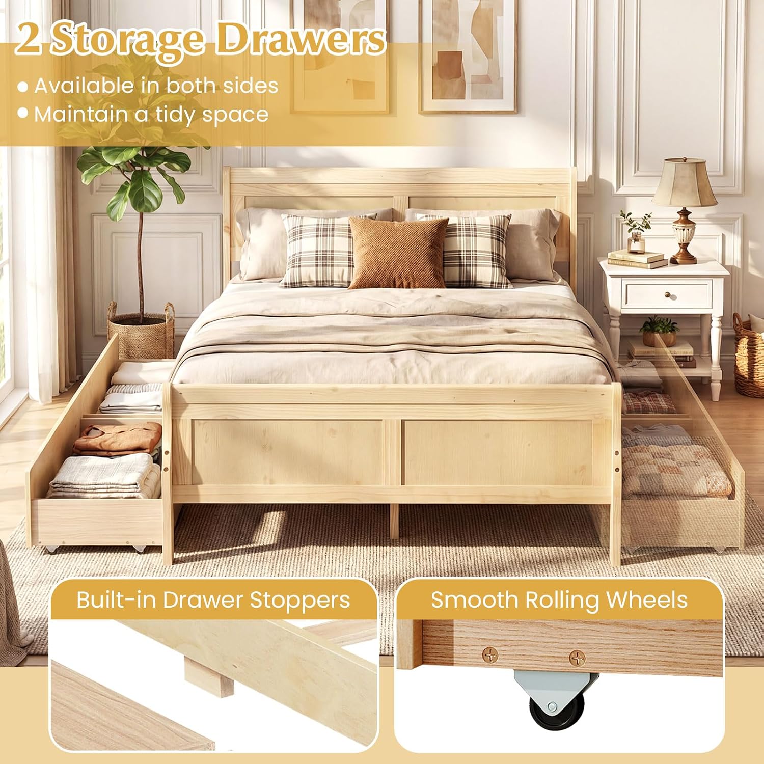 Giantex Full Bed Frame with 2 Storage Drawers, Wood Platform Bed with Headboard & Footboard, Wooden Slats Support Mattress Foundation, Sleigh Bedframe for Teens Adults, No Box Spring Needed (Natural)