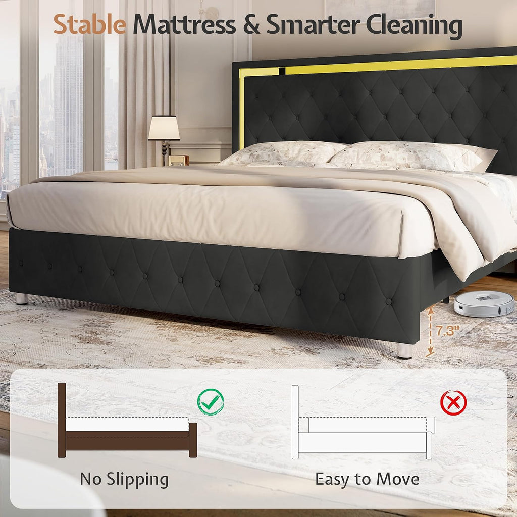 Jocisland Full Bed Frame with LED Lights Headboard&Footboard, Velvet Upholstered Full Size Platform Bed Frame No Box Spring Needed/Black
