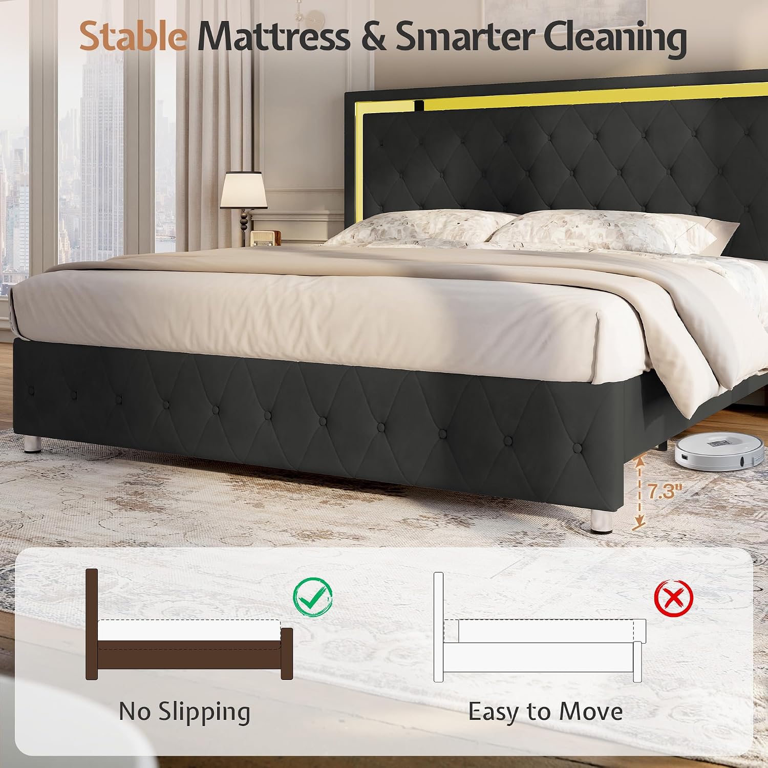 Jocisland Full Bed Frame with LED Lights Headboard&Footboard, Velvet Upholstered Full Size Platform Bed Frame No Box Spring Needed/Black