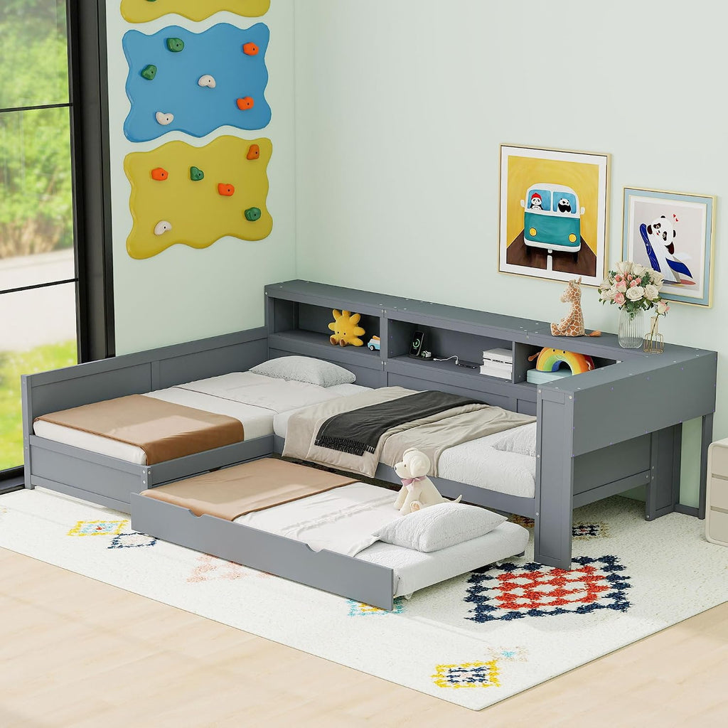 Ball & Cast Twin Size L-Shaped Platform Bed with Trundle and a Drawer,Wood Daybed Frame w/Charging Station & Slat Support,Space-Saving Bedroom Furniture for Dorm,Apartment,Grey