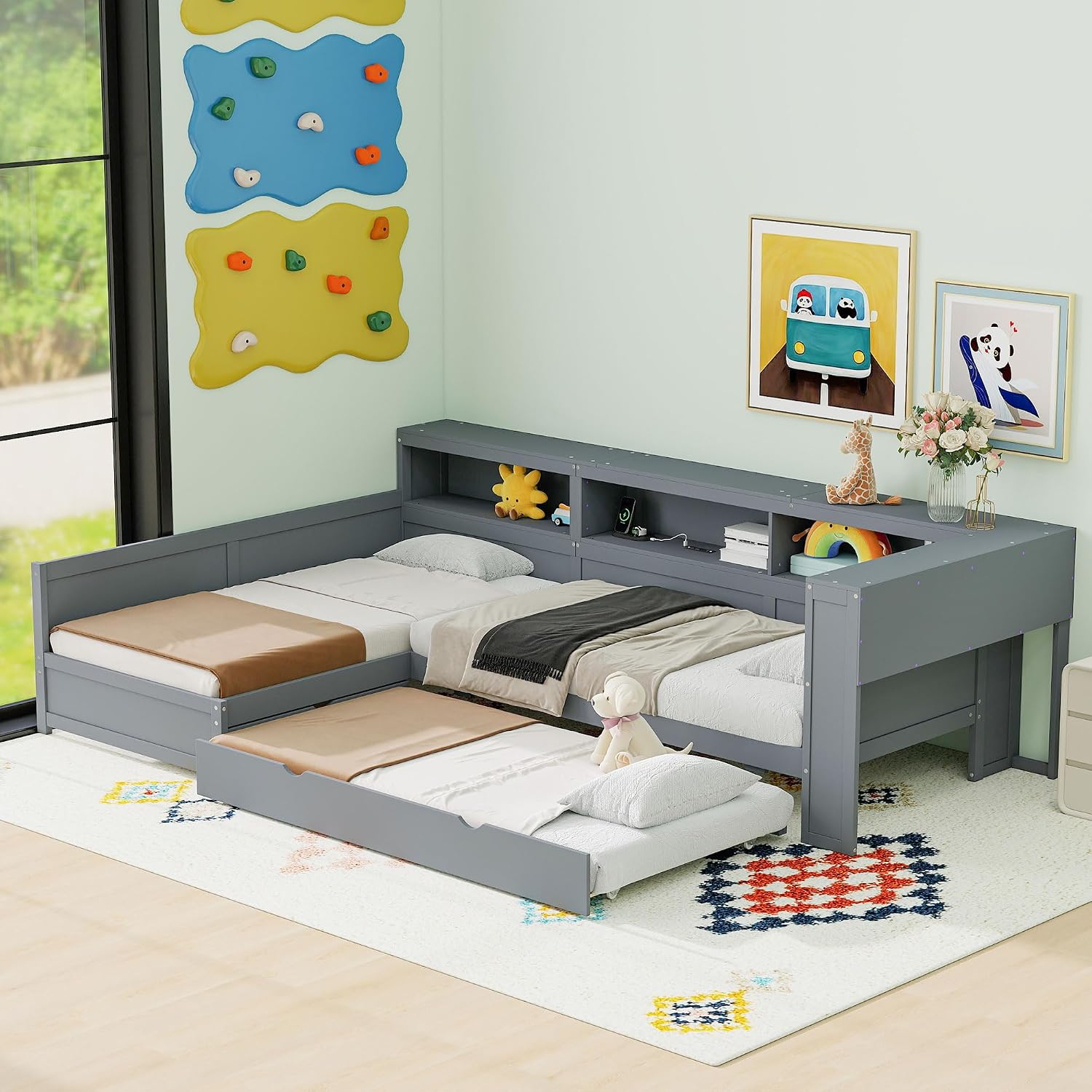 Ball & Cast Twin Size L-Shaped Platform Bed with Trundle and a Drawer,Wood Daybed Frame w/Charging Station & Slat Support,Space-Saving Bedroom Furniture for Dorm,Apartment,Grey