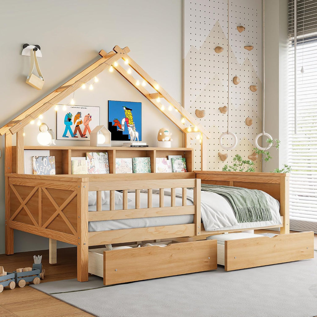 Bellemave Full House Platform Bed with Drawers Wood House Bed with Storage Shelves and LED Lights House Platform Bed Frame for Kids, Teens, Adults, No Spring Box Needed (Natural)