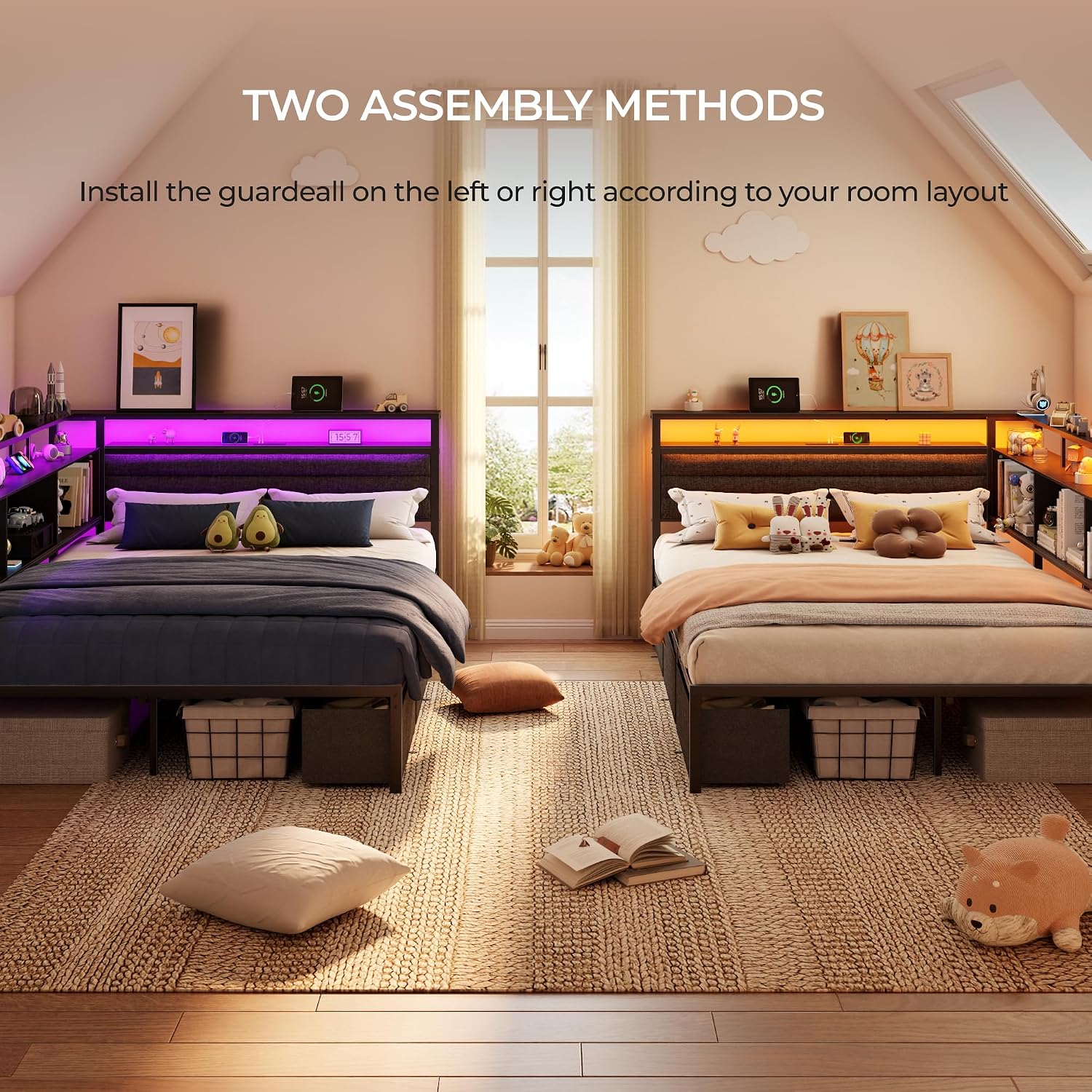 OURPIC Full Size Bed Frame with Headboard and Storage Drawers, Full Metal Platform Corner Bed Frame with Charging Station and LED Lights, Heavy Duty Strong Support Slats and Easy to Assemble, Black