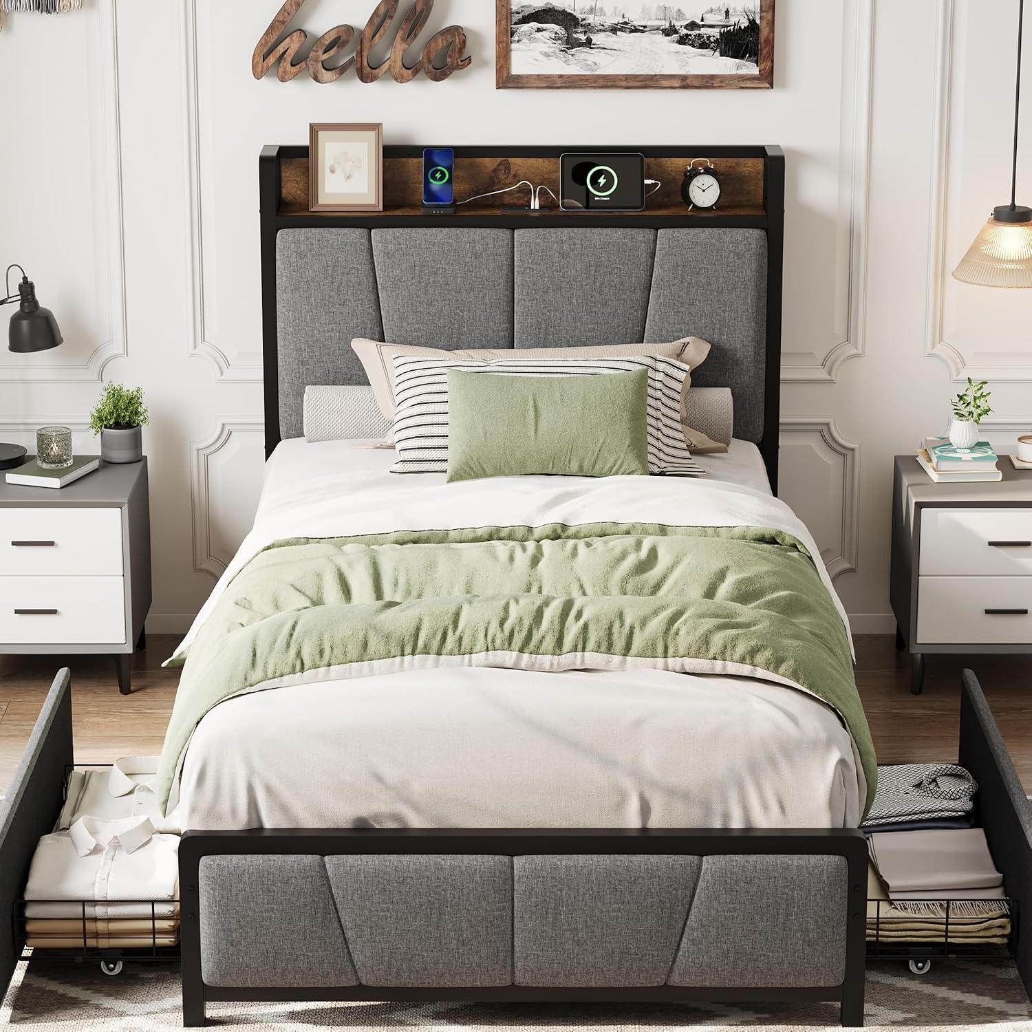 Twin-XL Size Bed Frame with 2 Storage Drawers and Charging Station, Rustic Linen Upholstered Platform Bedframe with Storage Headboard, Heavy Duty, No Box Spring Needed, Easy Assembly, Noise Free