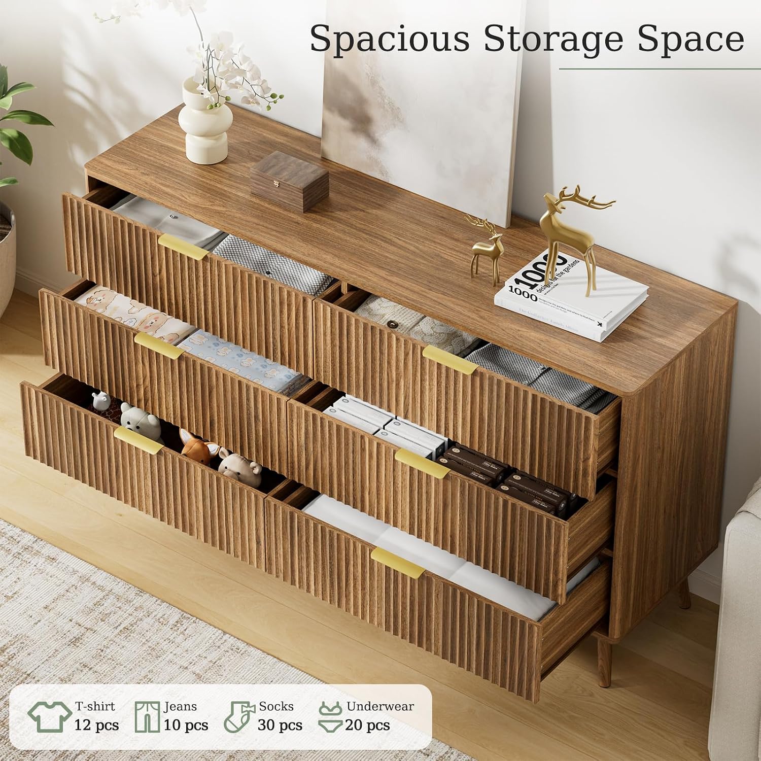 LYNSOM Fluted Dresser and Nightstand Sets 3 Piece, 6-Drawers Dresser and 1-Drawer Nightstands Set of 2, Wood Bedroom Furniture Set for Home, Bedroom, Hallway, Walnut