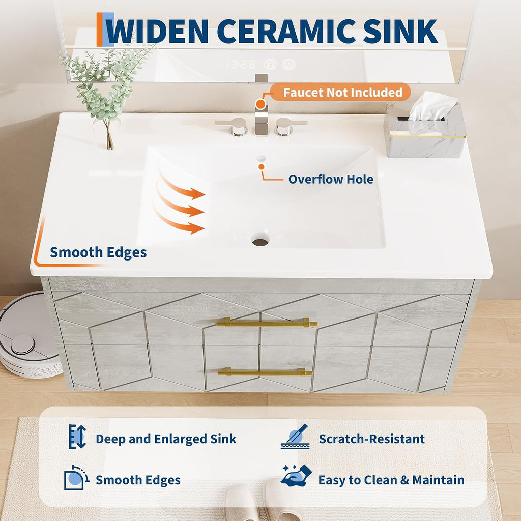 Garvee 36' Bathroom Vanity with Sink, Floating Bathroom Vanity with Ceramic Basin, 2 Large Storage Drawers with Gold Metal Handle, Modern Wall Mounted Bathroom Cabinet with Sink, Grey
