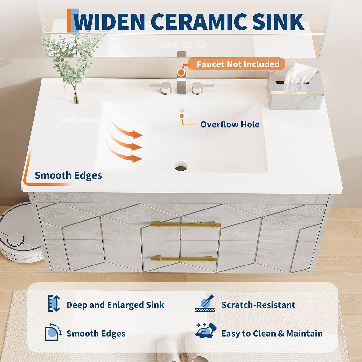 Garvee 36' Bathroom Vanity with Sink, Floating Bathroom Vanity with Ceramic Basin, 2 Large Storage Drawers with Gold Metal Handle, Modern Wall Mounted Bathroom Cabinet with Sink, Grey