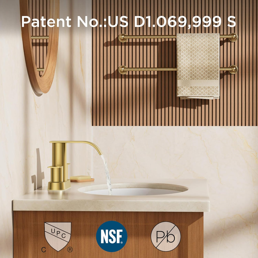 FORIOUS Brushed Gold Bathroom Sink Faucet, Waterfall 4 Inch Centerset Bathroom Faucets with Metal Pop up Drain and cUPC Hose for Basin, Vanity, RV, Lavatory 2 or 3 Hole Sink, 2 Pack