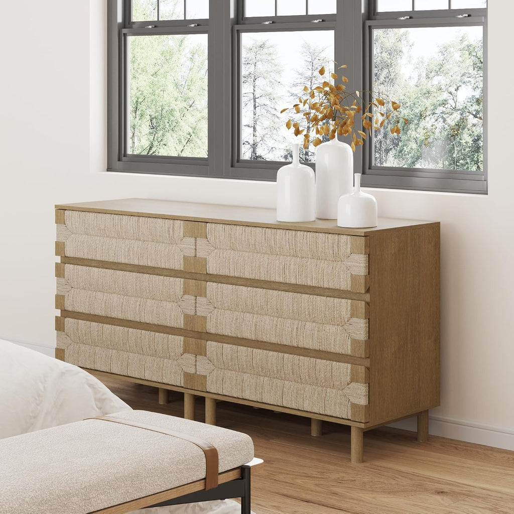 Nathan James Beacon 3 Drawer, Light Brown Boho, Bohemian Woven Seagrass Storage Cabinet for Living Room, Set of 2