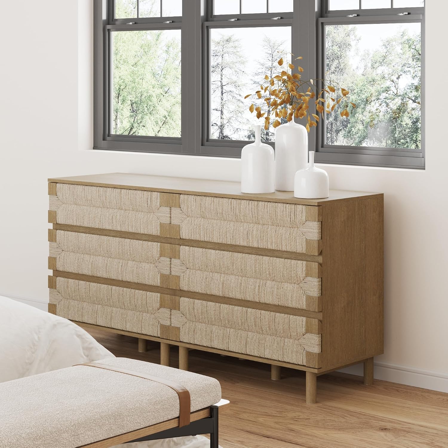 Nathan James Beacon 3 Drawer, Light Brown Boho, Bohemian Woven Seagrass Storage Cabinet for Living Room, Set of 2