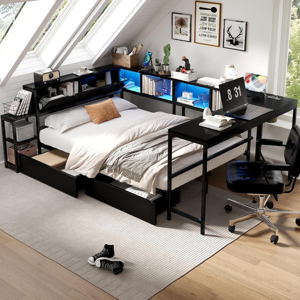 Bellemave Twin Corner Bed Frame with Desk and Storage, Twin Captains Beds with Charging Station,LED Light, Wood Daybeds with L-Shaped Bookcase and 2 Drawers, Black