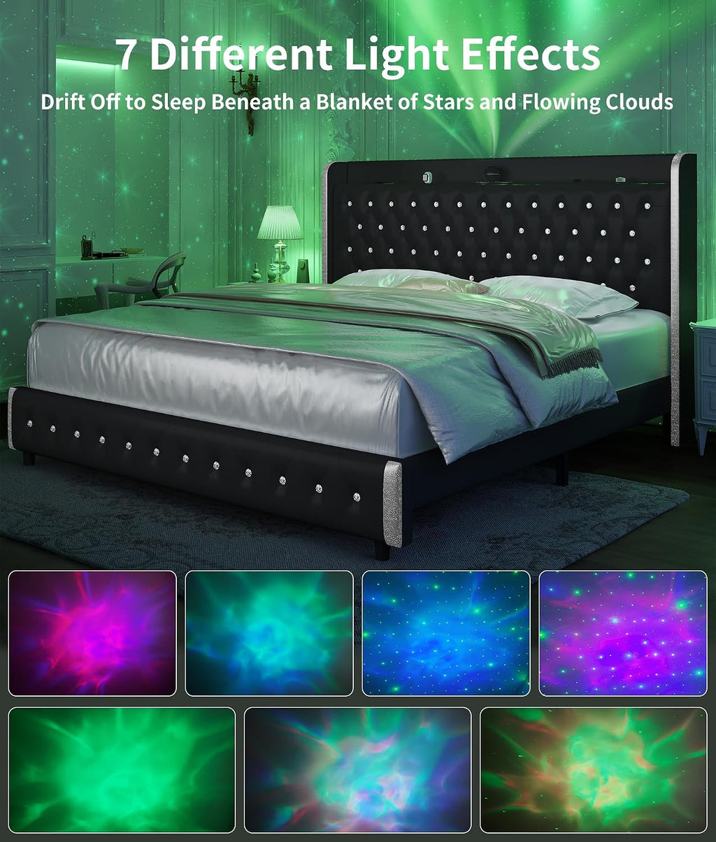 GEGOFORU Full Bed Frame with LED Lights and Galaxy Projecton, Upholstered Wingback Platform Bed, No Box Spring Needed, Sturdy Noiseless Modern Headboard with Starry Accents, Easy Assembly, PU Black