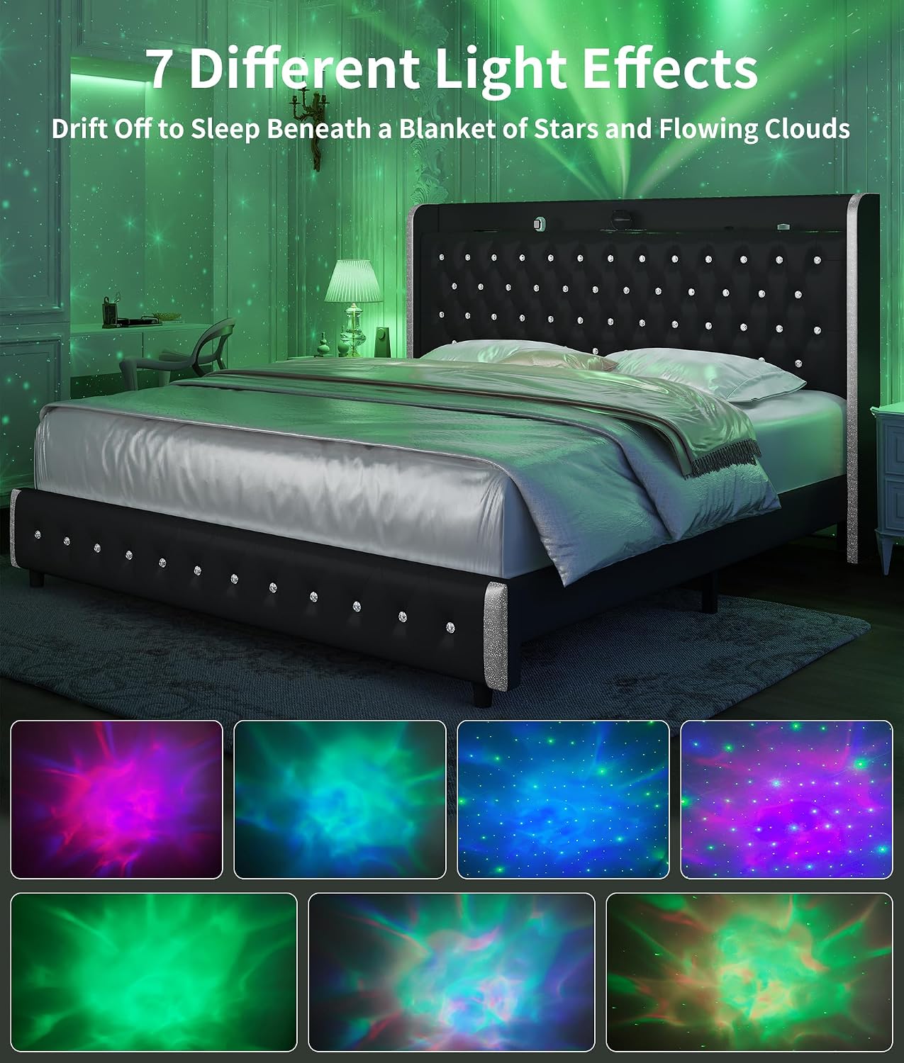 GEGOFORU Full Bed Frame with LED Lights and Galaxy Projecton, Upholstered Wingback Platform Bed, No Box Spring Needed, Sturdy Noiseless Modern Headboard with Starry Accents, Easy Assembly, PU Black
