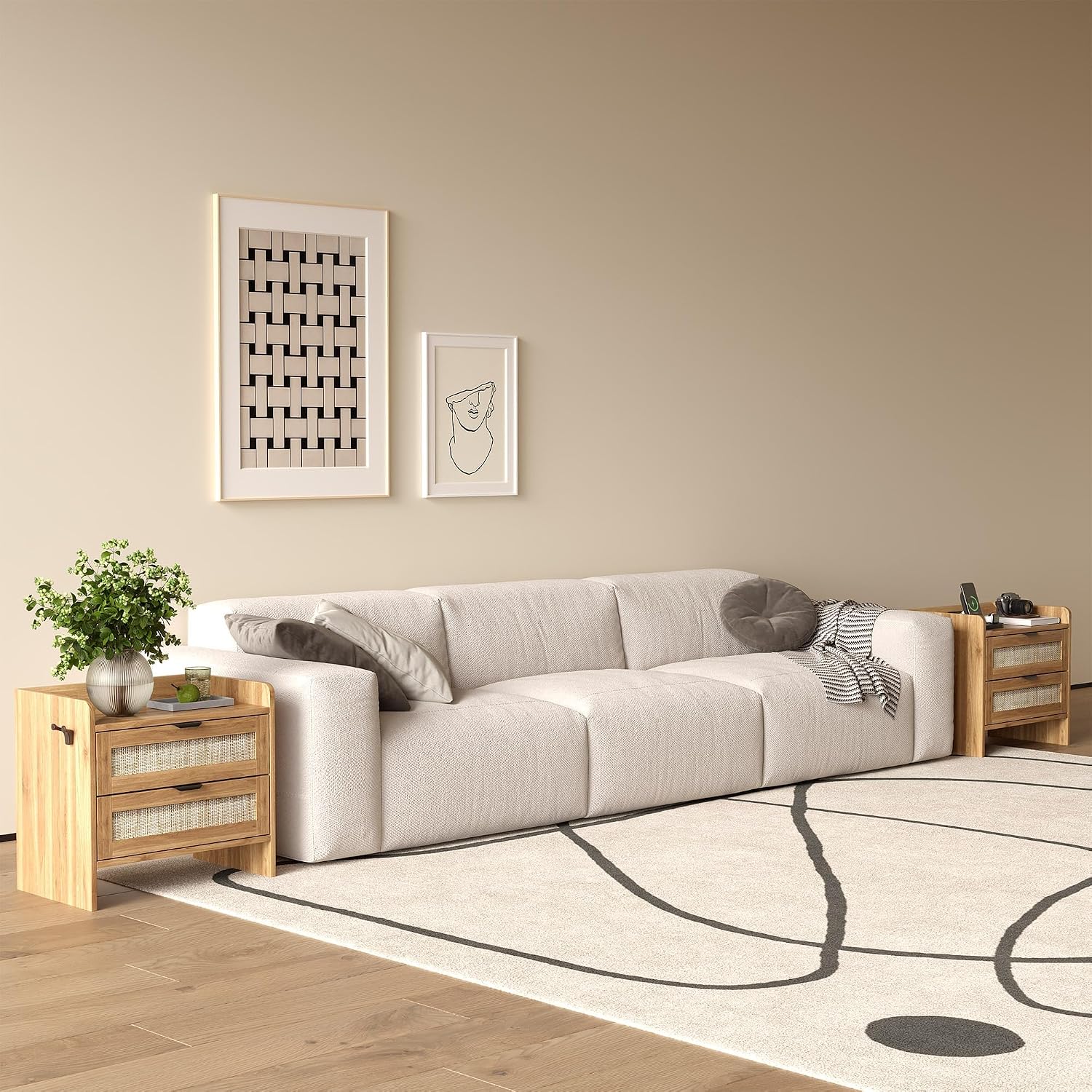 Rattan Nightstand Set of 2, Bedside Table, Modern Night Stand with Type-C Charging Station, 2 Drawer Storage Space, with Hook Included, Suitable for Bedroom, Office as a End Table, Side Tables