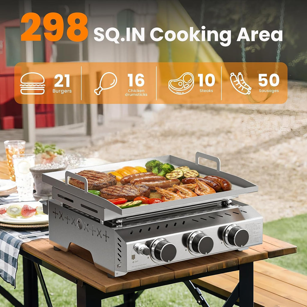 WAA 24000BTU Portable Propane Griddle, Tabletop Portable Propane Gas Grill with 3 Burners, Stainless Steel Flat Top Grill, Outdoor Cooking for Tailgating, Camping, RVs, BBQ, Patio, Silver