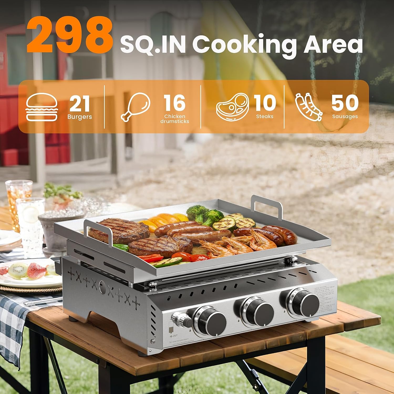 WAA 24000BTU Portable Propane Griddle, Tabletop Portable Propane Gas Grill with 3 Burners, Stainless Steel Flat Top Grill, Outdoor Cooking for Tailgating, Camping, RVs, BBQ, Patio, Silver