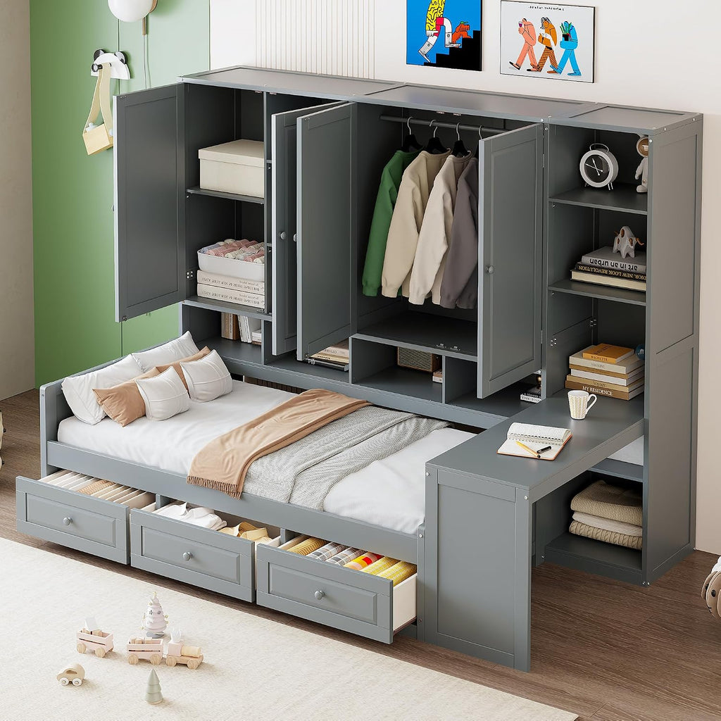 KLMM Twin Size Wooden Daybed with Three Drawers and All-in-One Cabinet,Desk and Shelves,for Living Room Bedroom Use (Gray#Desk, Twin)