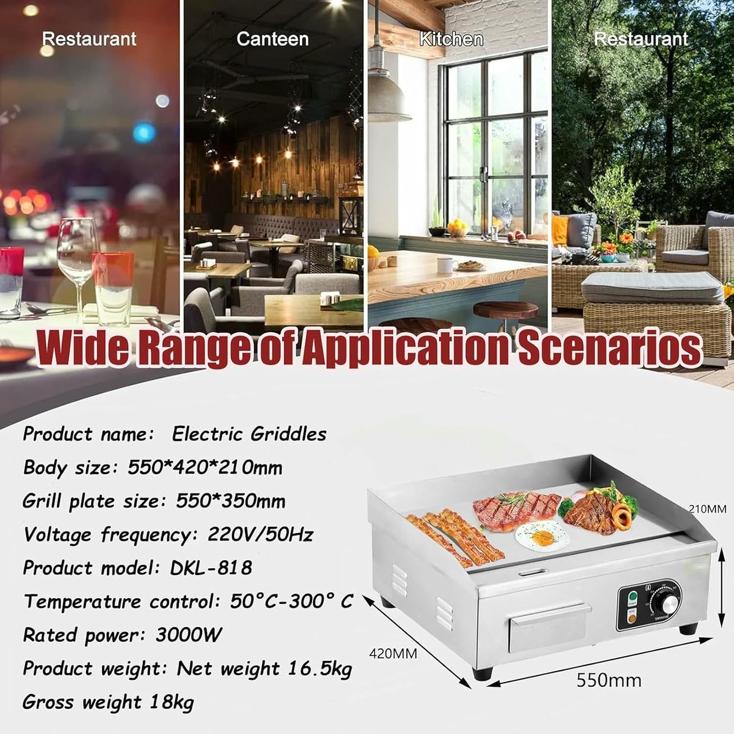 Commercial Electric Griddle,Countertop Flat Top Outdoor Griddles Hotplate 3KW BBQ Grill Mild Steel Steaks Business Catering Grill,