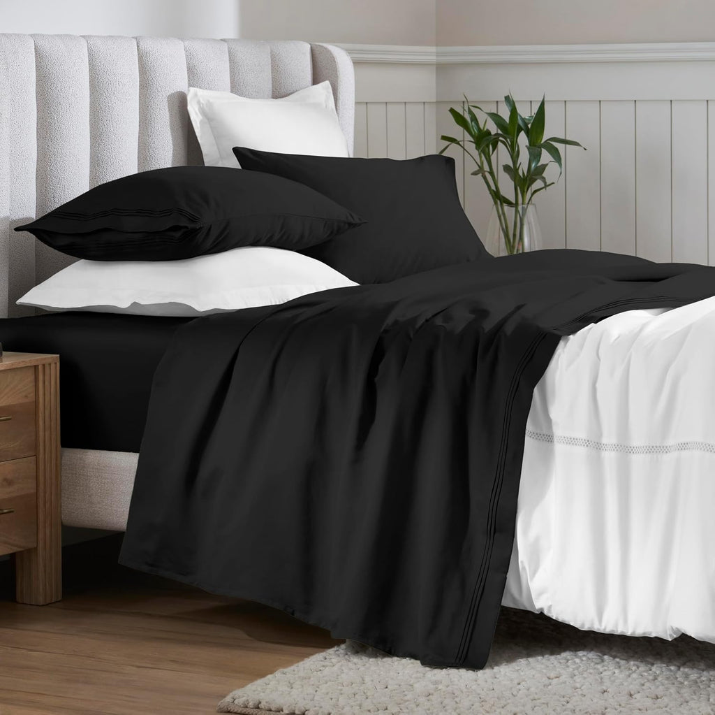 Superior Egyptian Cotton 4 Piece Sheet Set, 650 Thread Count, Modern Design, Sustainable Sheets, Ultra-Soft Basics, Solid, Deep Pocket Fitted Sheet, Flat Sheet, Pillowcases, Queen, Black