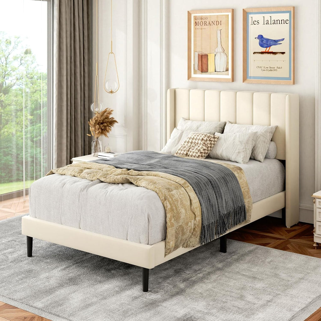 Gruwans Twin Size Bed Frame with Upholstered Wingback Headboard, Easy Assemnly Platform Bed, Wooden Slat Support No Box Spring Needed, Cream
